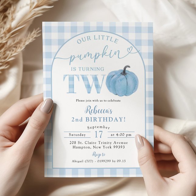 Blue Plaid Preppy Pumpkin Boy's 2nd Birthday Invitation (Creator Uploaded)