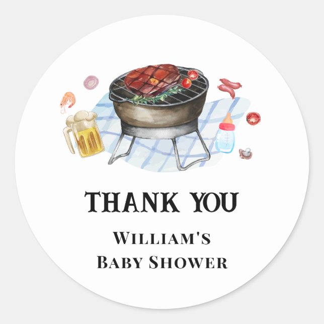 Blue Plaid Retro Country Baby Q Baby Shower Classic Round Sticker (Front)