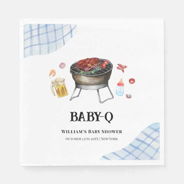 Blue Plaid Retro Country Baby Q Baby Shower Napkin (Front)