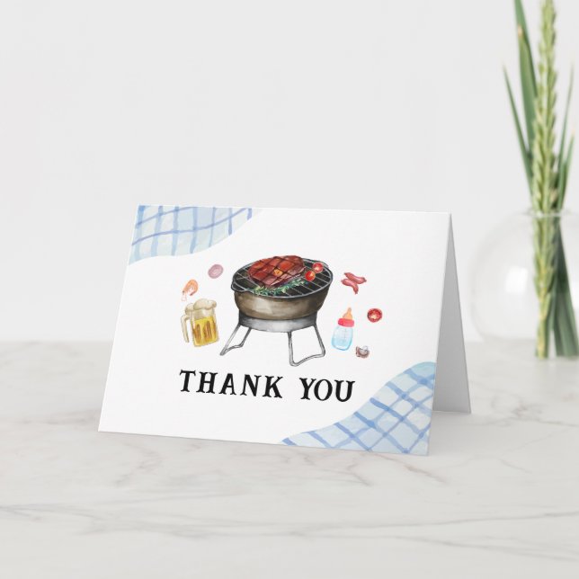 Blue Plaid Retro Country Baby Q Baby Shower Thank You Card (Front)