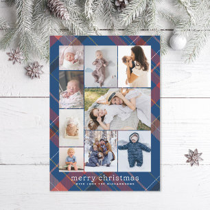 Blue Plaid Retro Merry Christmas Collage Photo Holiday Card