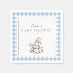 Blue Plaid Rocking Horse Baby Shower Napkin