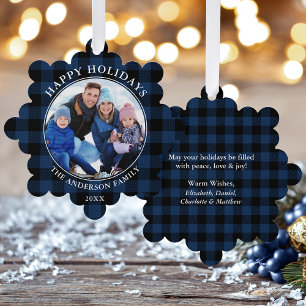 Blue Plaid Rustic Happy Holidays Photo Tree Decoration Card