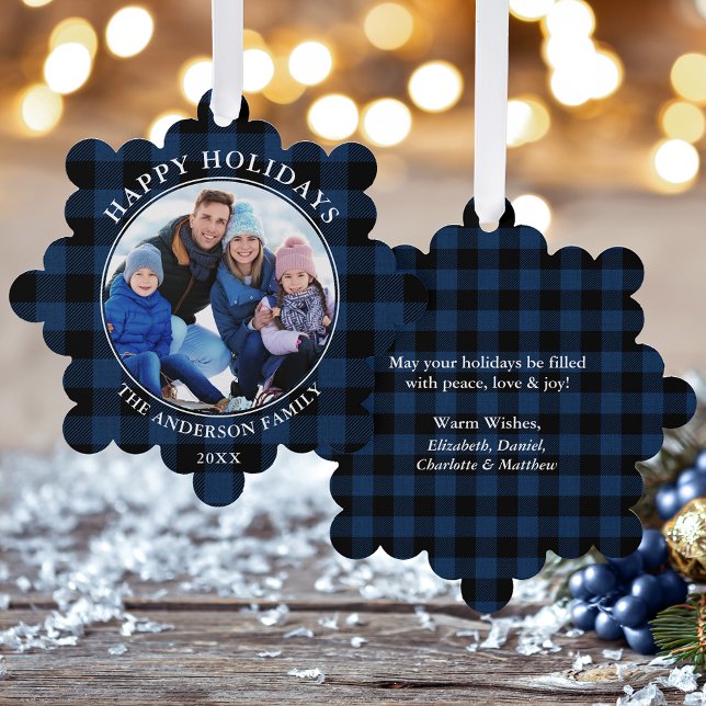 Blue Plaid Rustic Happy Holidays Photo Tree Decoration Card (A greeting card that is also an ornament! Customize with your photo and personalized text.)
