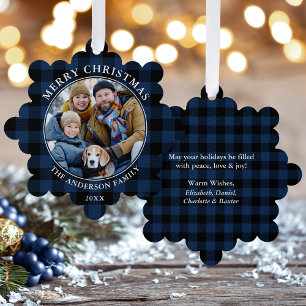 Blue Plaid Rustic Merry Christmas Photo Tree Decoration Card