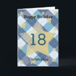 Blue Plaid Silver Stars 18th Birthday Card<br><div class="desc">Celebrate a milestone birthday with our Personalised 18th Birthday Card for Him! Featuring a stylish blue plaid background adorned with striking silver stars, this card is the perfect way to honour a special young man on his 18th birthday. Easily personalise the front with his name and birthday age, adding a...</div>