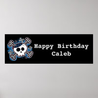 Blue Plaid Skull & Bones Birthday Party Banner