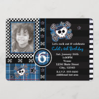 Blue Plaid Skull & Crossbones Photo Invitation