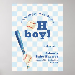 Blue Plaid Slugger Baseball Baby Shower Welcome Poster