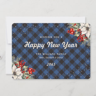 Blue Plaid Snow Botanical New Year Card