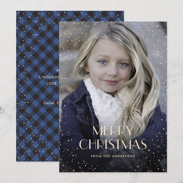 Blue Plaid Snow Photo Christmas Cards (Front/Back)