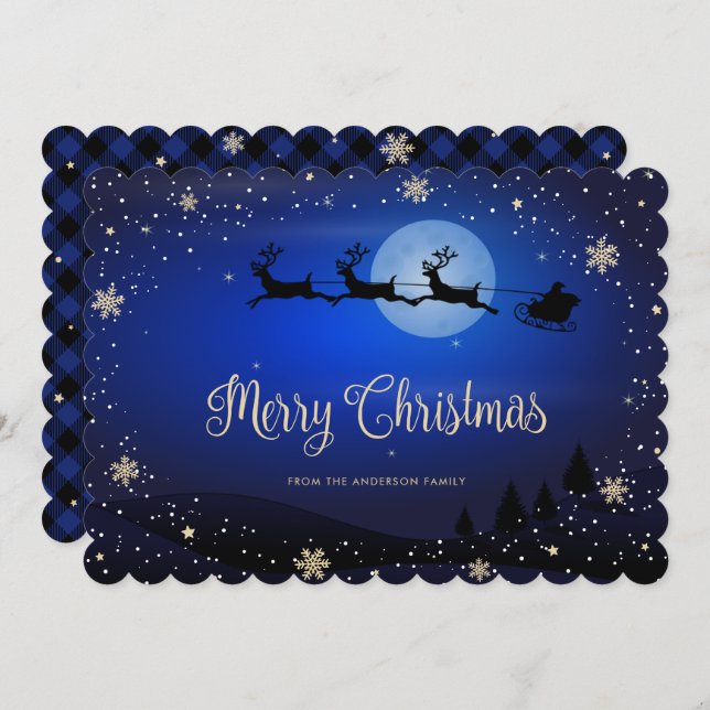 Blue Plaid Snowflake Reindeer Santa Claus Holiday Card (Front/Back)