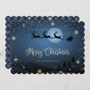 Blue Plaid Snowflake Reindeer Santa Claus Holiday Card