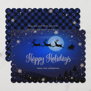Blue Plaid Snowflake Reindeer Santa Claus Holiday Card