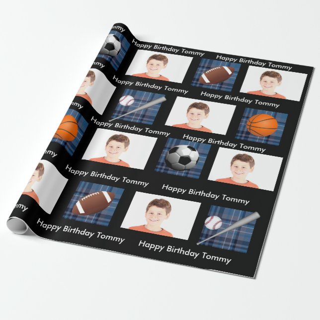 Blue Plaid & Sports w/Photo Birthday Wrapping Paper (Unrolled)