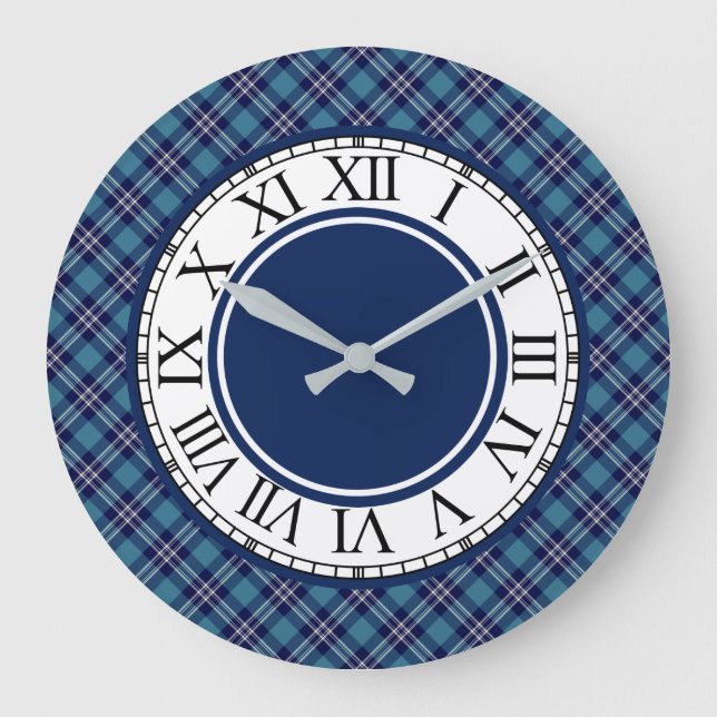 Blue Plaid St Andrews Scotland Tartan Large Clock (Front)
