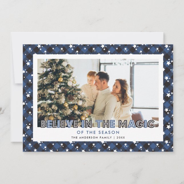 Blue Plaid Stars Believe Photo Christmas Card (Front)