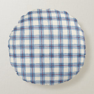 Blue Plaid Stripes Round Cushion