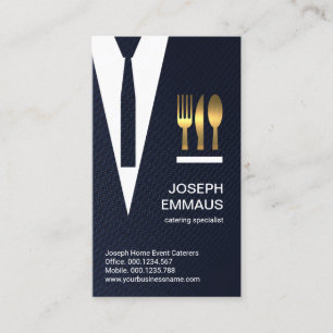 Blue Plaid Stripes Suit Tie Gold Cutlery Caterer Business Card