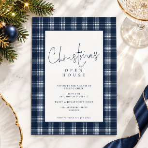 Blue Plaid Tartan Open House Christmas Party Invitation