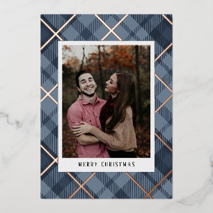 Blue Plaid Tartan Photo Christmas Real Foil Holiday Card