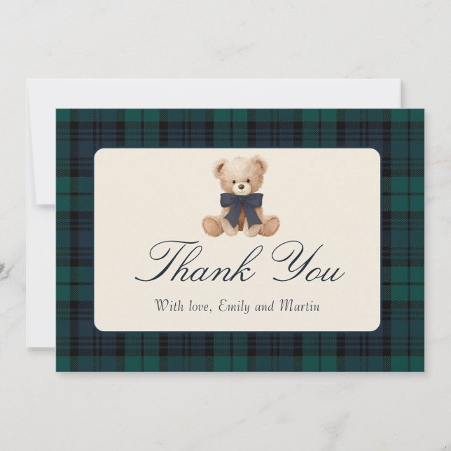 Blue Plaid Teddy Bear Baby Shower Thank You Card (Front)