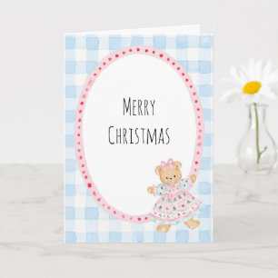 Blue Plaid Teddy Bear Christmas Card