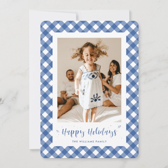 Blue Plaid Typography Photo Happy Holiday Card (Front)
