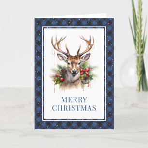 Blue Plaid Watercolor Deer Merry Christmas Holiday Card