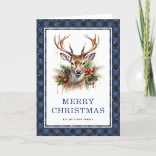 Blue Plaid Watercolor Deer Merry Christmas Photo Holiday Card
