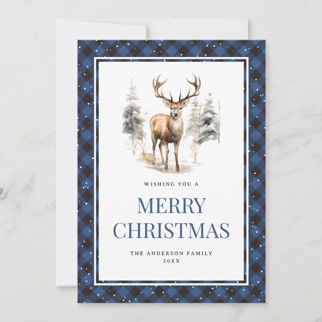 Blue Plaid Watercolor Deer Snowy Merry Christmas Holiday Card (Front)