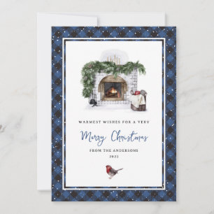 Blue Plaid Watercolor Warm Wishes Christmas Cards
