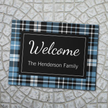Blue Plaid Welcome Monogrammed Family Name  Doorma