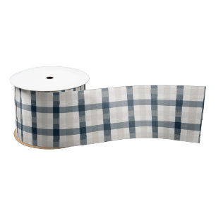 Blue Plaid Winter Holiday Christmas Heart Beige Satin Ribbon