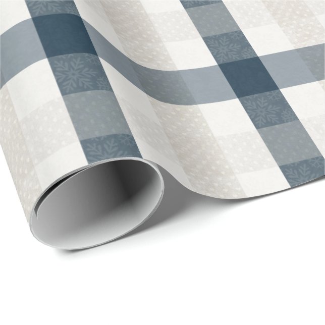 Blue Plaid Winter Holiday Christmas Heart Beige Wrapping Paper (Roll Corner)