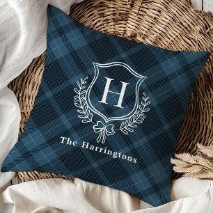 Blue Plaid Winter Monogram Crest Initial Cushion