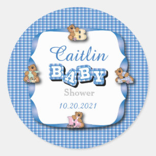 Blue Plaid with Baby Bears   Baby Boy Shower Classic Round Sticker