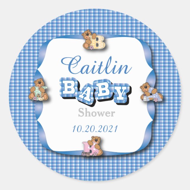 Blue Plaid with Baby Bears | Baby Boy Shower Classic Round Sticker (Front)
