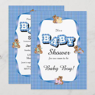 Blue Plaid with Baby Bears   Baby Shower Invitation