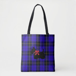 Blue plaid with Scottish Terrier with red bow Tote Bag