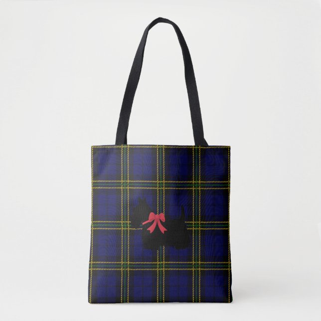 Blue plaid with Scottish Terrier with red bow Tote Bag (Front)