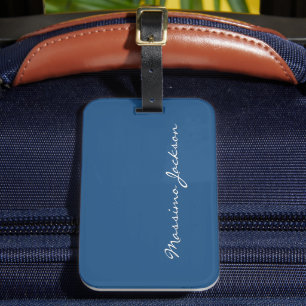 Blue Plain Elegant Minimalist Calligraphy Name Luggage Tag