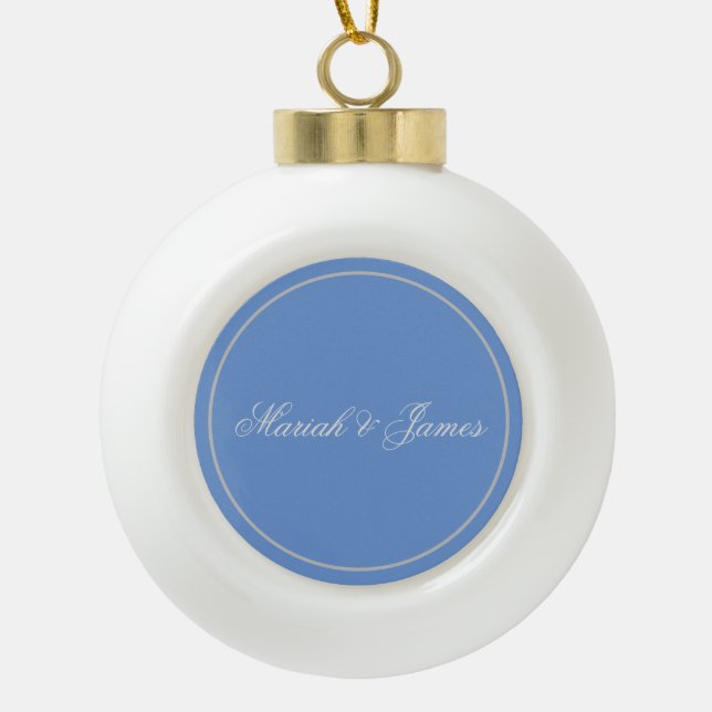 Blue Plain Elegant Minimalist Names Calligraphy Ceramic Ball Christmas Ornament (Front)