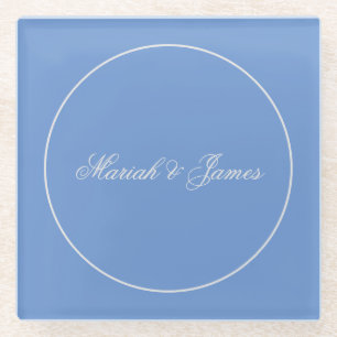 Blue Plain Elegant Minimalist Names Calligraphy Glass Coaster
