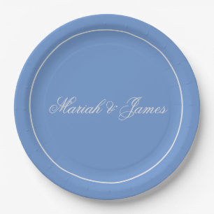 Blue Plain Elegant Minimalist Names Calligraphy Paper Plate