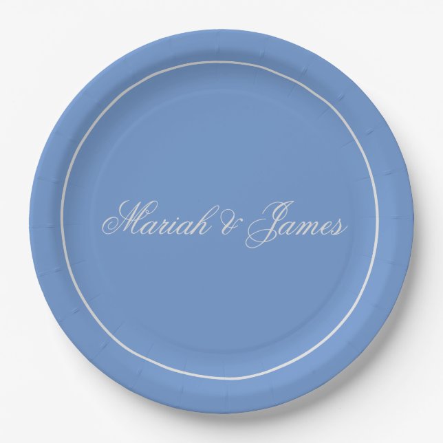 Blue Plain Elegant Minimalist Names Calligraphy Paper Plate (Front)