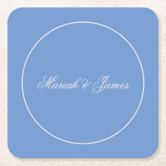 Blue Plain Elegant Minimalist Names Calligraphy Square Paper Coaster