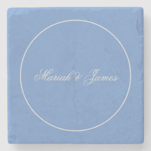 Blue Plain Elegant Minimalist Names Calligraphy Stone Coaster