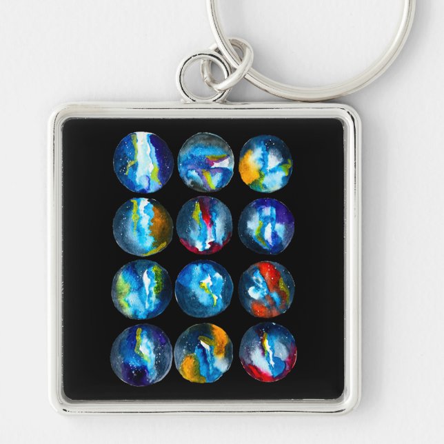 Blue planet nebula galaxy watercolor key ring (Front)