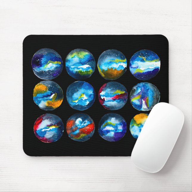 Blue planet nebula galaxy watercolor mouse mat (With Mouse)